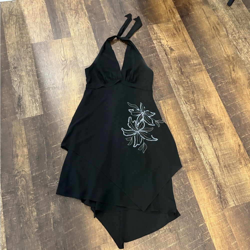 Dress Barn Black Asymmetrical Dress with Silver Floral Design